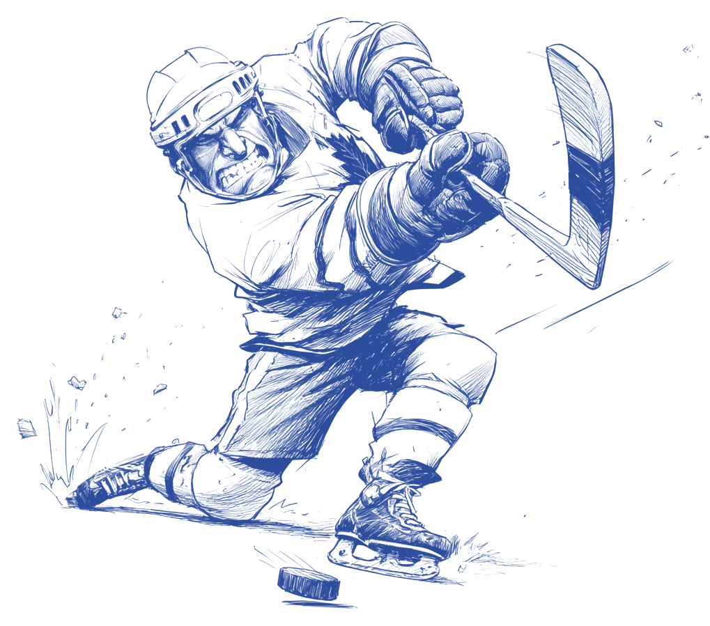 Ink drawing of a hockey player ripping a slap shot